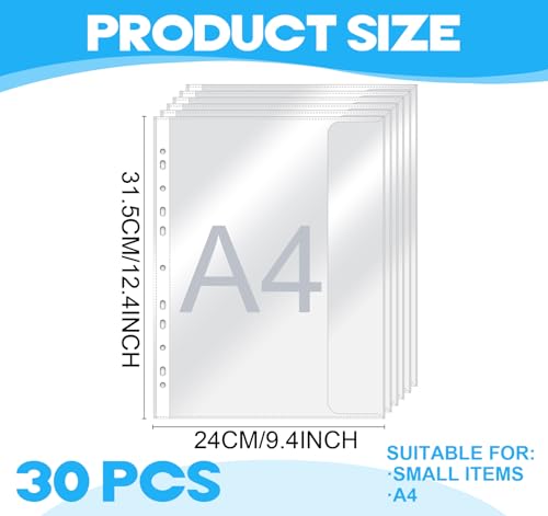 30er Dokumentenhüllen A4 mit Klappe, 240µ Klarsichthüllen a4 Seitlich Offen, Prospekthüllen a4 Glasklar Extra Stark, Klarsichtfolien Transparente mit 11 Lochung zum Abheften Papier, Fotos, Dokumenten