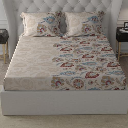 Image of Cloth Fusion Glace Cotton Elastic Fitted Bedsheet for Double Bed with 2 Pillow Covers (78X60 inches, Beige Floral)