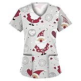 Weihnachten Pflege Tunika Damen Weihnachtsmann Druck Kasacks Slip on Hemd mit V Ausschnitt und kurzen Ärmeln Arbeitskleidung Medizinische Uniformen für Krankenschwestern Krankenschwester Kostüm