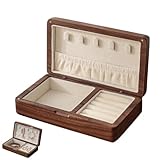Joyero organizador de madera de nogal con forro de terciopelo, cierre magnético, compacto para anillos, aretes y collares de viaje