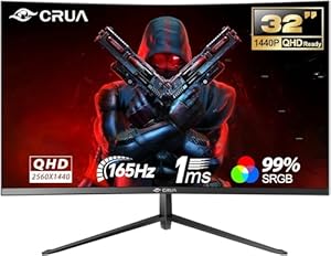 CRUA Ecran PC Gaming Incurvé 32 Pouces 2K (2560x1440p) 165Hz 144Hz,1 ms, Panneau VA, 1500R, sRGB 99%, DCI-P3 90%, Adaptive-Sync, Ultra-Thin Frameless HDMI,DP,VESA
