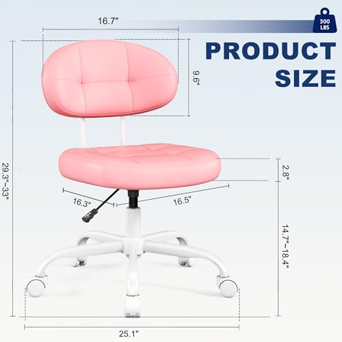 Image of Misolant Vanity Chair with Back, Small Armless Cute Office Chair with Wheels and Lumbar Support, Comfy PU Leather Desk Computer Chairs with Adjustable Height, 360Swivel for Home Bedroom Office, Pink