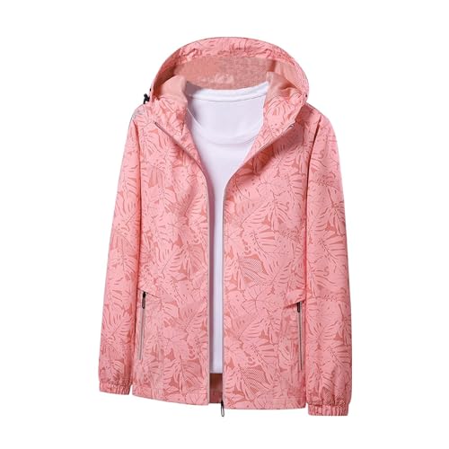 Shffuw Poncho Para La Lluvia Mujer Primavera Womens Stylish Raincoat Leaves Print Rain Jacket Fall Lightweight Zipper Up Windbreaker For Hiking S 5XL Pantalon Impermeable Mujerchaqueta (Pink, XXXXXL)