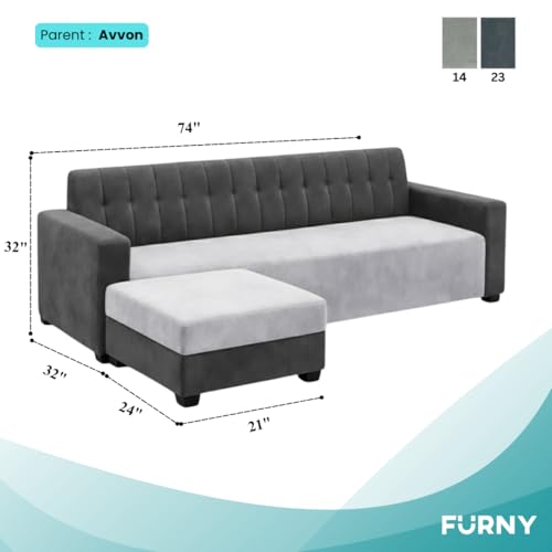 Image of FURNY Luxe 4 Seater L Shape Sofa Set with Movable Ottoman | Flexible Left or Right Layout | Plush Velvet Fabric (Dark Grey-Light Grey) | Perfect for Living Room, Guest Room & Office