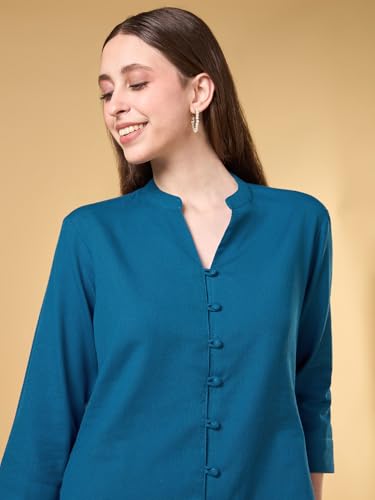 Image of Women's Solid Co-ord Set | Relaxed Fit Shirt & Pant Set | Soft Cotton-Linen Fabric | Casual & Travel Wear