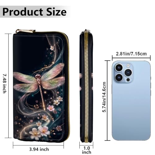 Image of Women's Wallets Credit Card Holder Money Leather Long Wallet | Long wallet with Wristlet,Large Capacity with Zip-Around Phone Purse for Women Ladies Girls,Dragonfly Cherry Blossoms