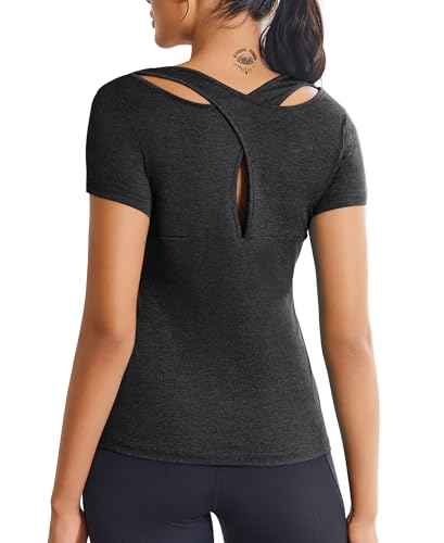 ADOME Damen Sport T-Shirt Kurzarm Sportshirt Funktionsshirt Yoga Shirt Damen Rückenfreies Oberteil Laufshirt Top Sport Shirts Elastisch Schwarz XL