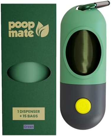 Poop Mate Dog Poop Bag Holder with Built-in LED Flashlight for Dog Walking, Pet Waste & Dog Poop Bag Holder for Leash with Metal Clip for Lead - Green Poop Bag Dispenser + 1 Roll (15 Bags)