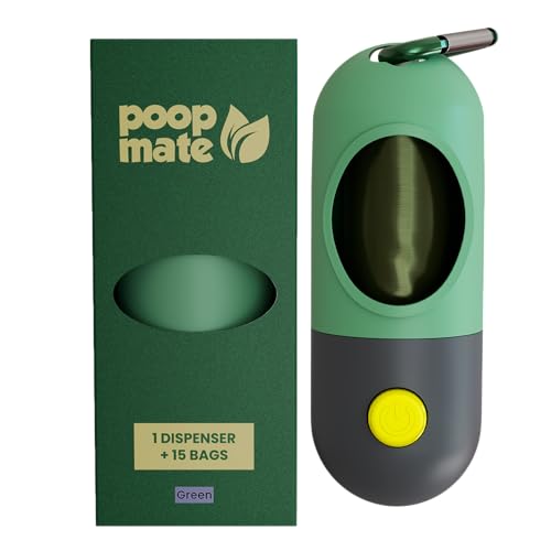 Image of Dog Poop Bag Holder with Flashlight - Waste Bag Dispenser for Night Walks - Durable, Portable with Leash Clip & Carabiner - Includes 15 Dog Poop Bags - Green