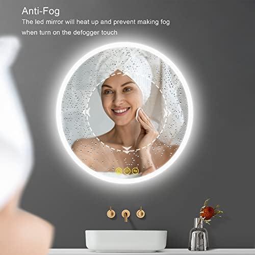 ICYWANG 40cm Round Bathroom Mirror with LED Lights Illuminated Anti-Fog Mirror Backlit Light Up Touch Switch Color Adjustable IP44 Dimmable