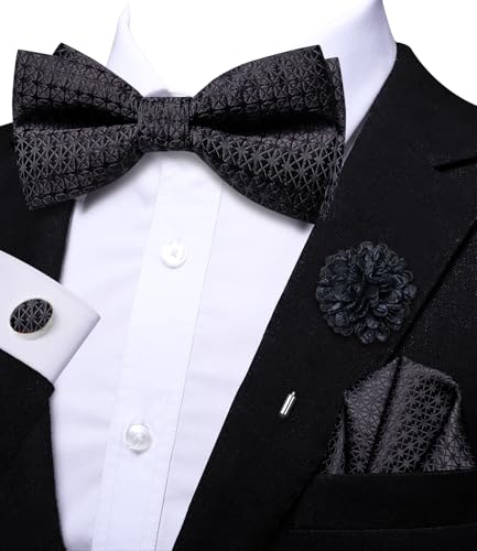 Image of Hi-Tie Bow Ties for Men Pre-Tied Pocket Square with Cufflinks Mens Bowtie Sets for Wedding Formal Party