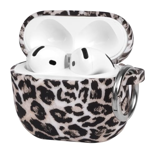 Trendy White Leopard Print Silicone Anti-Drop Earphone Case with Metal Ring Buckle for AirPods 4, a Must-Have for Fashionistas