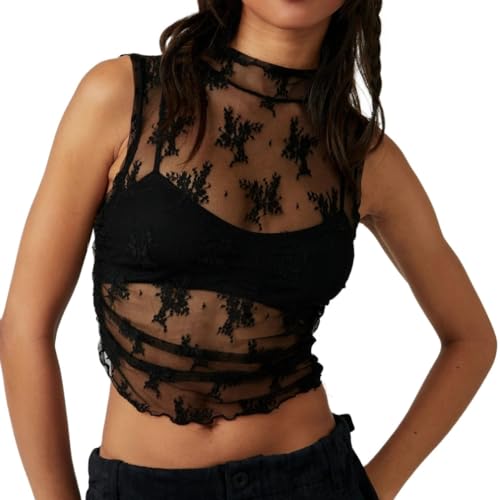 LOFAAC Women Floral Lace Sheer Mesh Crop Tank Top Mock Neck Sleeveless See Through Ruched Side Layering Crop Top Party