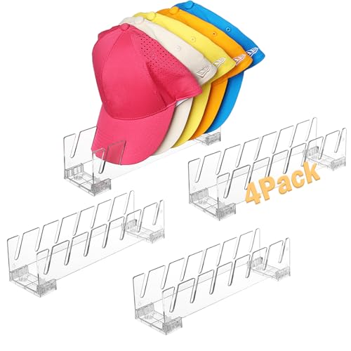 YORSTON Hat Racks for Baseball Caps, 4 PCS Acrylic Hat Organizer for 28 Baseball Cap, No-Tool Assembly, Anti-Slip Closet Storage with Gift Box, Fits Cowboy Caps