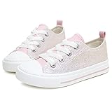 Toandon Girls Kids Sneakers Glitter Sequins Canvas Shoes Toddler Child Glitter Sparkle Low Top Lace Up Non Slip Lightweight Walking Outdoor Pink Size 3