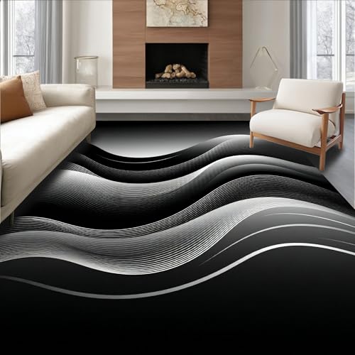 Low Pile Flatwoven Area Rug 8x10, Minimalist Wave Motif with