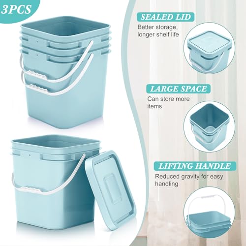 Image of Mumufy 3 Pcs 3.5 Gallon Square Food Grade Bucket with Lid Square Bucket Pail Plastic Handles for Long Term Food Storage, Camping, Fishing, Home Organization Easy Stack and Store (Aqua)