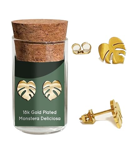 Hypoallergenic Monstera Deliciosa Plant Metal Earring Studs (18k Gold Plated)