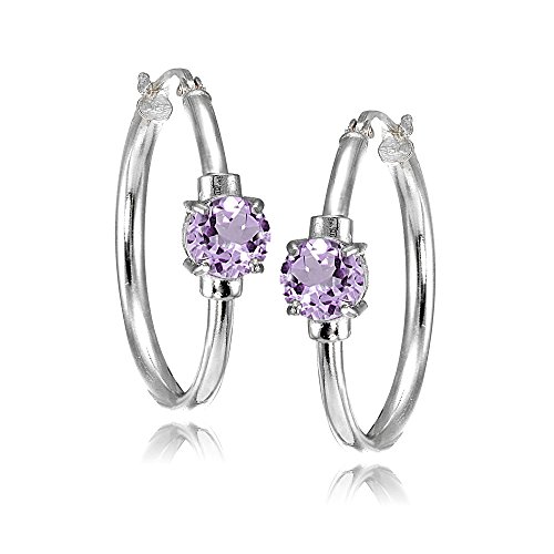 Amethyst Earrings For Women Genuine Gemstone Purple Earring 25Mm Sterling Silver Hoops For Girls Teens Bridesmaids Trendy Summer Fashion Prom #TOP4