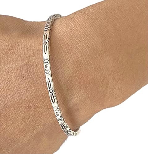 Sterling Silver Boho Floral Cuff Bracelet, Handmade Thin Delicate Squarish Bangle with oxidized flowers engraving, adjustable, Gift for Her