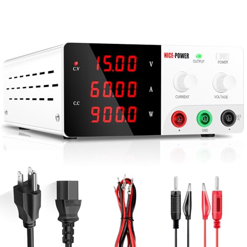 NICE-POWER DC Power Supply Variable, 0-15V 0-60A 900W High Power Bench Power Supply with Encoder Knob &amp; Output Switch, Benchtop Adjustable Switching Regulated Power Supplies for Repair/Test(White)