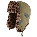 Nanmuir Fashion Trend Winter Trapper Hat, Army Green with Leopard Print Fur Trim, Thickened Lei Feng Style, Unisex Cold (US, Alpha, One Size, Green)