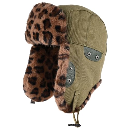 Nanmuir Fashion Trend Winter Trapper Hat, Army Green with Leopard Print Fur Trim, Thickened Lei Feng Style, Unisex Cold (US, Alpha, One Size, Green)