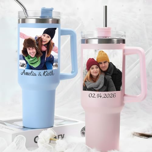 Elemtansy Ships Next Day Custom 40oz Tumbler with Picture&Name, Personalized Tumbler with Handle, Personalized Gifts for Women Men Birthday Anniversary Christmas Wedding Gifts — view 3
