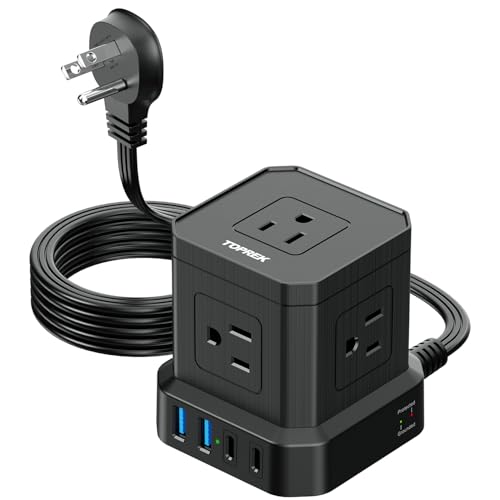 TOPREK Power Strip with USB, USB C (3.0A) Power Strip with 5 Outlets, 2 USB-C & 2 USB-A, 5 FT Flat Extension Cord with Ultra Thin Flat Plug, Surge Protector Compact for Home Office, Dorm, Hotel Travel