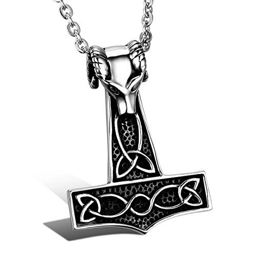 Image of JewelryWe Stainless Steel Celtic Knot Wolf Thor Hammer Pendant Necklace for Men, 22" Chain, Silver Black Colour (with Gift Bag)