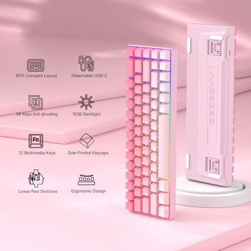 MageGee Portable 60% Mechanical Gaming Keyboard, RGB Backlit Compact 68 Keys Mini Wired Office Keyboard with Red Switches for Laptop PC Mac, Side Printed Keycap - Pink by MageGee - Image 2
