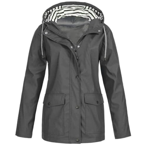 Image of Slxbear Women'S Jackets Zipper Button Long Sleeve Oversized Outdoor Windbreaker Jacket Lightweight Waterproof Striped Line Hooded Raincoat with Pockets Solid Color Walking Hiking Jackets S