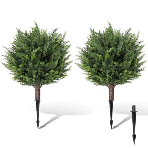 Artificial Cedar Topiary Ball Tree 25" with Ground Spike, Set of 2 Artificial Cypress Bushes for Faux Shrubs, Fake Evergreen Faux Plant for Indoor Outdoor by Sinromrich - Used condition - US$33.33