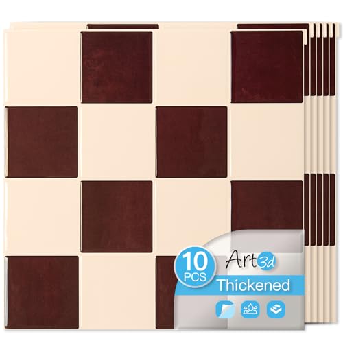 Art3d 10-Pack Heavy-Duty Peel and Stick Backsplash 12x12 Inch Self-Adhesive Wall Tile Stick on Kitchen Countertop Red-Brown & Warm White