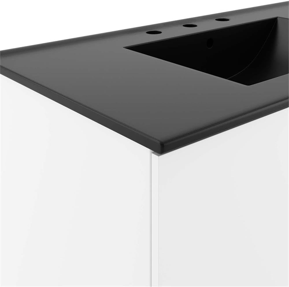 Pemberly Row 36" Modern Wood and Ceramic Bathroom Vanity, White and Black Finish, Wall-Mount Design, Soft-Close Doors, Integrated Countertop with 8-Inch Centerset Sink Basin, 19" x 36" x 18"D