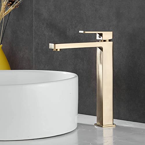 Tall Bathroom Faucet For Vessel Sink, Newrain Modern Single Handle Brushed Gold Bathroom Vessel Faucet With Pop Up Drain Stopper #TOP1