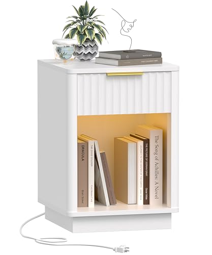 Akxomel Fluted Nightstand, Wooden Night Stand with Charging Station and