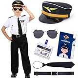 G.C Disfraz Piloto Avion Niño con Accesorios Uniforme de Capitán de Línea Aérea Sombrero de Piloto Cinturón Corbata Gafas de Sol Disfraces Carnaval Navidad Halloween para Niños (110, 3-4 Años)