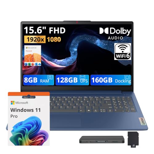 Image of Lenovo Ideapad Slim 3 15.6 inch Anti-Glare FHD Laptop, Intel Processor N150, 8GB LPDDR5 RAM, 288GB Storage(128GB UFS+160GB Docking Station), Long Battery Life, Wi-Fi 6, Numeric Keypad, Win 11 Pro, Blue