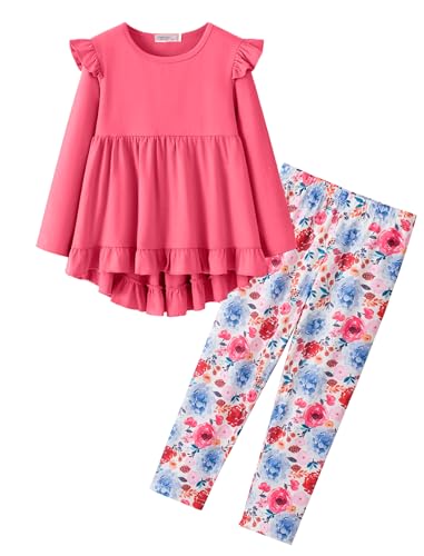 Image of Yekaty Girls Clothes Ruffle Shoulder High Low Hem Long Sleeve Top and Floral Pants 2 Piece Fall Outfits Clothing Set