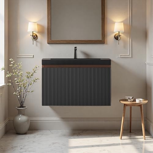 Trygoal 24'' Floating Bathroom Vanity with Sink, Wall-Mounted Bathroom Storage Cabinet with Soft-Close Striped Drawer & Quartz Sand Basin, Modern Smoked Walnut Body with Internal Handle, Black