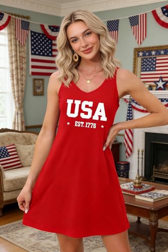 Image of LHBNK 4th of July Dress for Women: American Flag Tank Dresses Star Striped Splicing Loose V Neck Sundresses