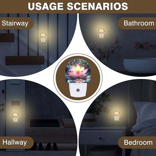 Image of Night Lights Plug into Wall Sparkle Pink Lotus Night Light Dusk to Dawn Smart Sensor Decorative Round Led Lamp for Bedroom Kitchen Hallway Nightlight for Women Men
