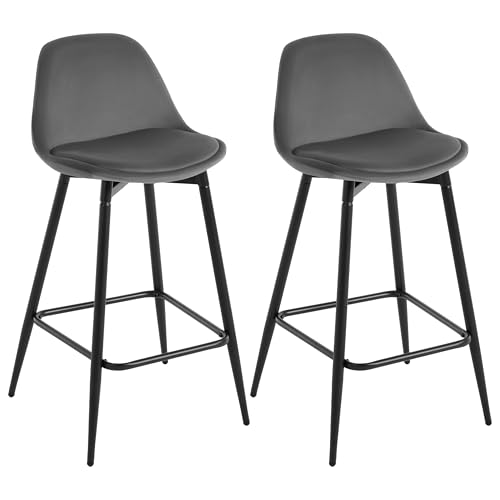 Klihome Sgabelli da Cucina, Sgabelli da Bar Set di 2, Sgabelli da Bar per Colazione con Schienale, con Sedile in Velluto Imbottito e Struttura in Metallo con Poggiapiedi, Grigio scuro,K0005BH-2