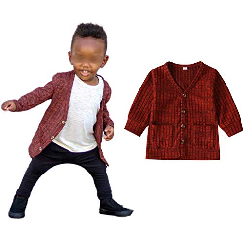 6M-3Y Baby Boys Button-Down Cardigan, Toddler Cotton Knit Sweater with Pocket for Kid, Baby Basic Clothes (Wine Red, 2-3 Years)