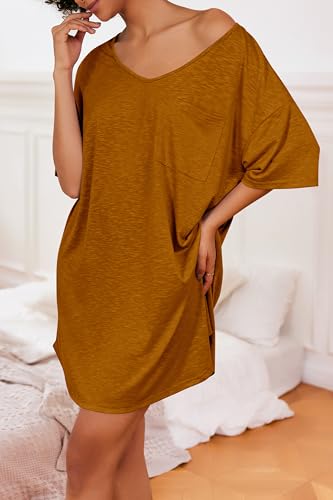 Image of Ekouaer Womens Tshirt Nightgown Cotton V Neck Sleepshirts Comfy Casual Nightshirt for Women