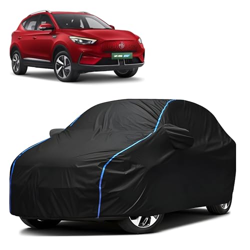 Image of Kerwa Car Body Cover Waterproof with MG ZS EV, Dust & UV Resistant All-Weather Proof Full Body Cover, Black with Blue Lining, Triple Stitch Elasticated Bottom with Mirror Pocket