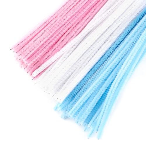 Image of 300Pc Set Tri Color Combo Pipe Cleaners Craft, Pipe Cleaners Chenille Stem Fuzzy Sticks Craft Supplies for flowers making, Home DIY (Light PInk, White & Light Blue)