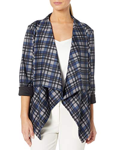 Tahari ASL Women's Collarless Drape Front Jacket, Blue Grey Plaid, M
