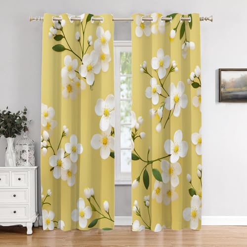BaoNews Flowers Blackout Curtains for Bedroom, White Flowers with Green Leaves On Yellow Background Drapes Plastic Grommet Top Insulated Thermal Living Room, 52X84 in 2 Panels